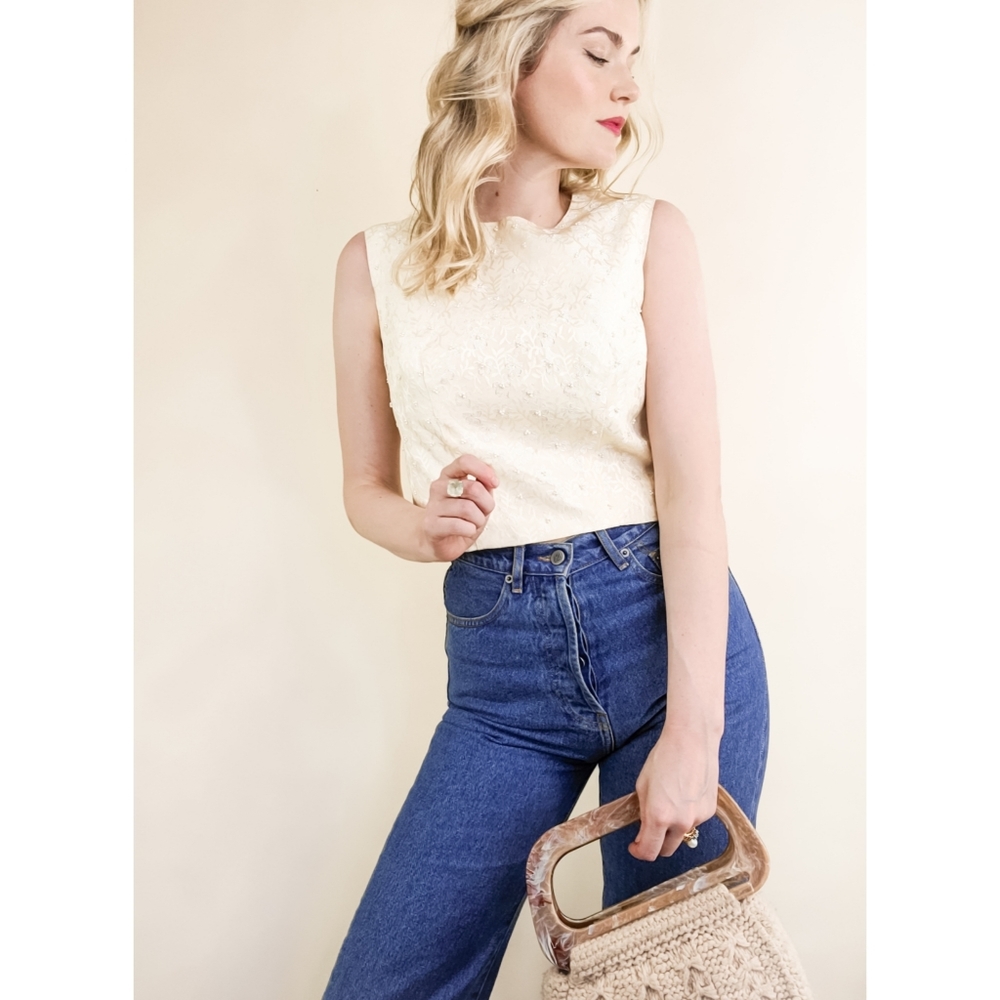 Handmade Vintage Ivory Posie & Pearl Crop Blouse - Picture 7 of 16